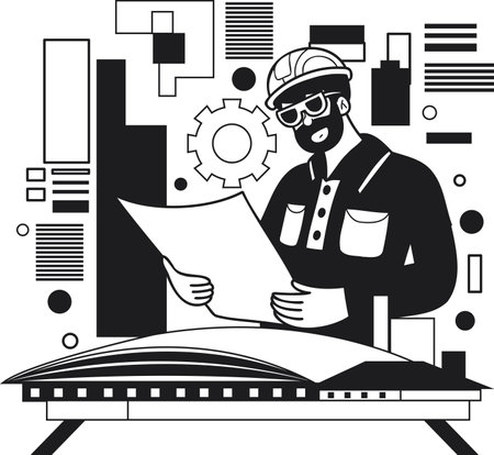 Male engineer creating blueprints and plans illustration in doodle style isolated on backgroundのイラスト素材