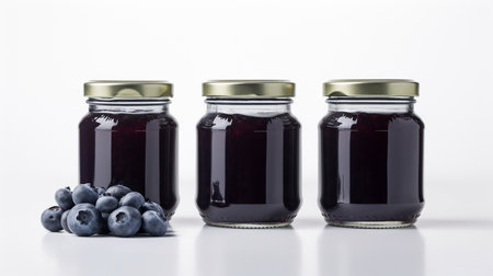 illustration of Blueberry jam and plump blueberries fruit Jars on white background with Generative AIの素材