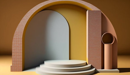 illustration of podium round shape with red brick arches background Mockup for product placement with Generative AIの素材