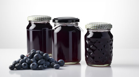 illustration of Blueberry jam and plump blueberries fruit Jars on white background with Generative AIの素材
