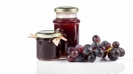 illustration of Grape jam with juicy Grape Jars on white background with Generative AIの素材