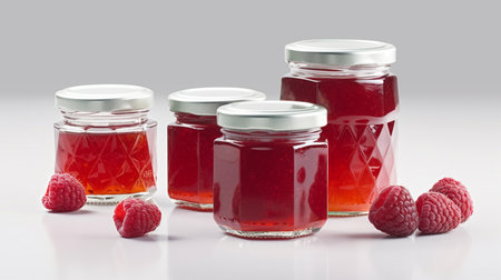 illustration of Raspberry jam and juicy raspberries fruit Jars on white background with Generative AIの素材