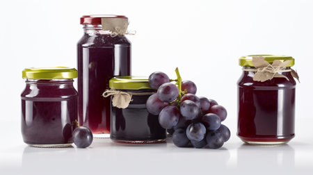 illustration of Grape jam with juicy Grape Jars on white background with Generative AIの素材