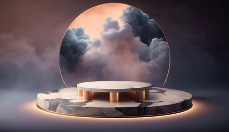 illustration of marble floor with clouds background Mockup for product placement with Generative AIの素材