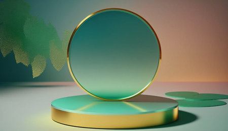illustration of low podium gold circle base backdrop made of Spherical frosted glass and rainforest background Mockup for product placement with Generative AIの素材