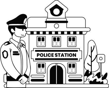 police and police station illustration in doodle style isolated on backgroundのイラスト素材