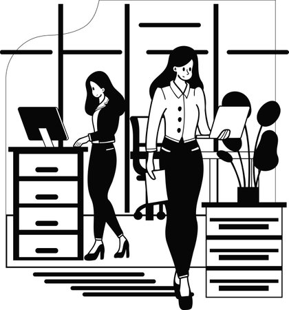 female entrepreneur with office desk illustration in doodle style isolated on backgroundのイラスト素材