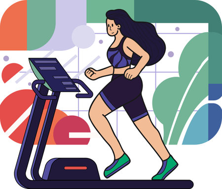 Healthy loving fitness girl running in the gym illustration in doodle style isolated on backgroundのイラスト素材