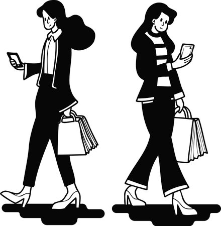 Female office worker shopping online from smartphone illustration in doodle style isolated on backgroundのイラスト素材