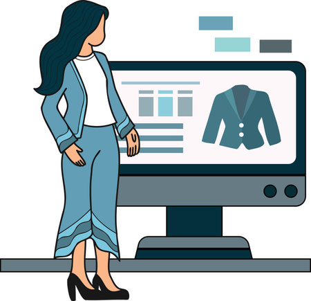 Female office worker shopping online from smartphone illustration in doodle style isolated on backgroundのイラスト素材