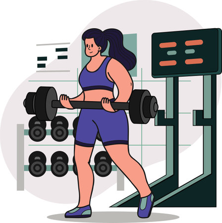 Healthy fitness girl lifting weights in gym illustration in doodle style isolated on backgroundのイラスト素材