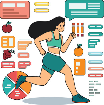 Healthy loving fitness girl running in the gym illustration in doodle style isolated on backgroundのイラスト素材