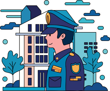 police and police station illustration in doodle style isolated on backgroundのイラスト素材