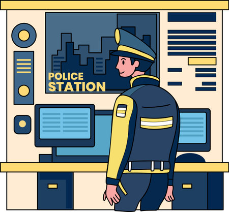 police and police station illustration in doodle style isolated on backgroundのイラスト素材
