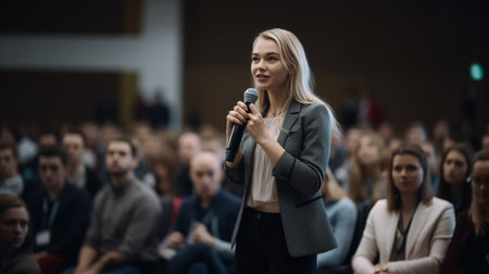 illustration of happy business woman Giving a speech with confidence and charisma at a crowded conference with Generative AIの素材