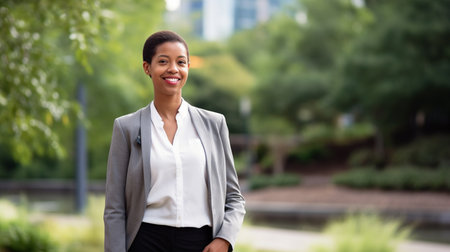 illustration of happy business woman walking in the park to create an aspirational feeling with Generative AIの素材