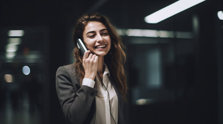 illustration of happy business woman talking on the phone In a clean and bright office with Generative AIの素材