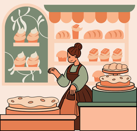 woman with bakery illustration in doodle style isolated on backgroundのイラスト素材