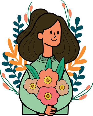 woman with flower in woman day concept illustration in doodle style isolated on backgroundのイラスト素材