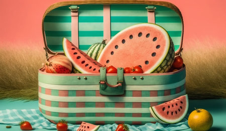 illustration of Watermelon in a picnic basket in summer concept with Generative AIの素材