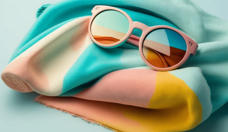 illustration of Beach towel and sunglasses in summer concept with Generative AIの素材