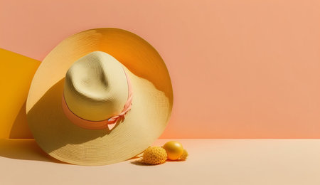 illustration of Sun hat on a bright background in summer concept with Generative AIの素材