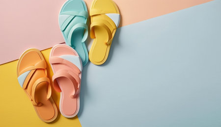 illustration of Flip flops on a bright background in summer concept with Generative AIの素材