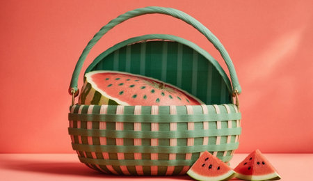 illustration of Watermelon in a picnic basket in summer concept with Generative AIの素材