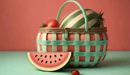 illustration of Watermelon in a picnic basket in summer concept with Generative AIの素材