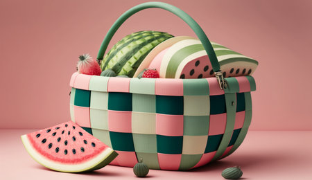 illustration of Watermelon in a picnic basket in summer concept with Generative AIの素材
