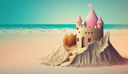 illustration of Sandcastle at the beach in summer concept with Generative AIの素材
