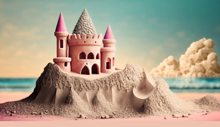 illustration of Sandcastle at the beach in summer concept with Generative AIの素材