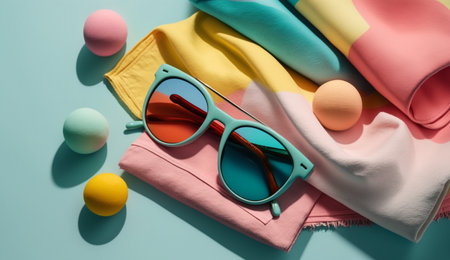 illustration of Beach towel and sunglasses in summer concept with Generative AIの素材