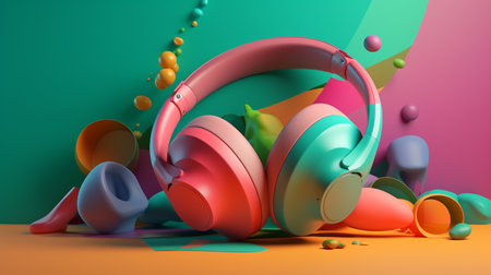 illustration of on ear headphones in trending color palette with Generative AIの素材