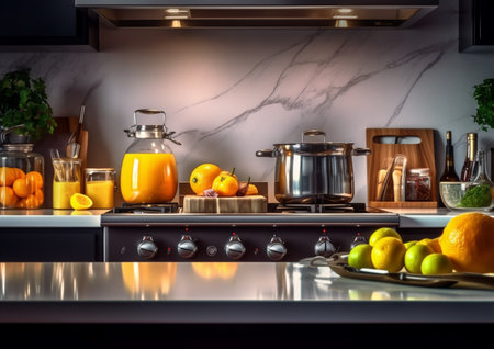 illustration of indoor or interior modern kitchen with Generative AIの素材