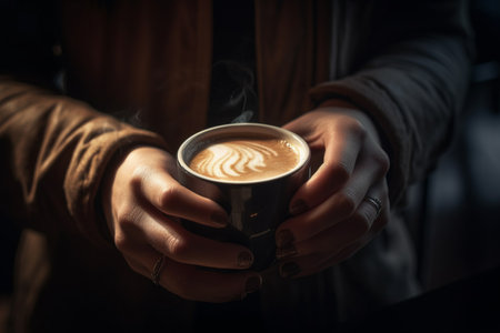 illustration of the hands of barista holding a mug of hot coffee with Generative AIの素材