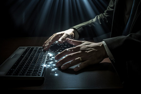 illustration of the hands of Businessman pressing on computer screen with Generative AIの素材
