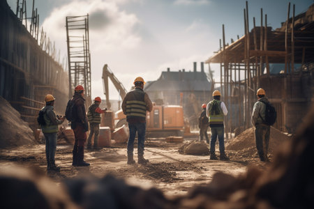 illustration of Group of builders working at construction site by taking pictures from the back with Generative AIの素材