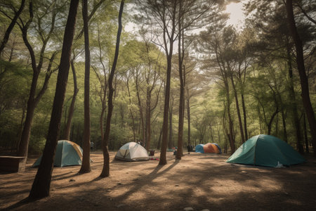illustration of camping tents and camp furniture set up in a forest with blue sky with Generative AIの素材