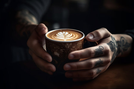 illustration of the hands of barista holding a mug of hot coffee with Generative AIの素材