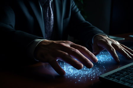 illustration of the hands of Businessman pressing on computer screen with Generative AIの素材