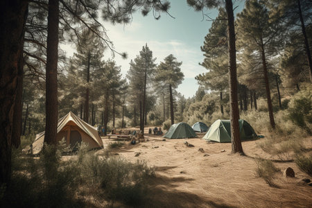 illustration of camping tents and camp furniture set up in a forest with blue sky with Generative AIの素材