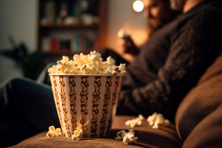 illustration of man and woman watching tv with the popcorn in the bucket with Generative AIの素材