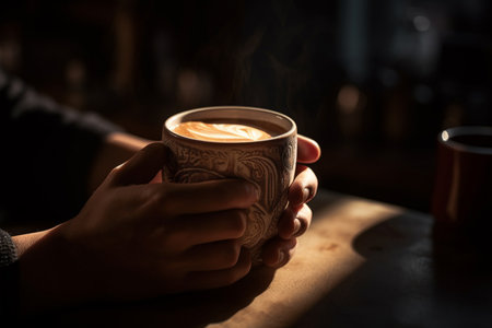 illustration of the hands of barista holding a mug of hot coffee with Generative AIの素材