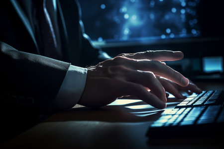 illustration of the hands of Businessman pressing on computer screen with Generative AIの素材