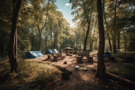 illustration of camping tents and camp furniture set up in a forest with blue sky with Generative AIの素材
