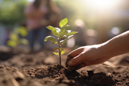 illustration of volunteer planting new tree in dirt in an urban garden with Generative AIの素材