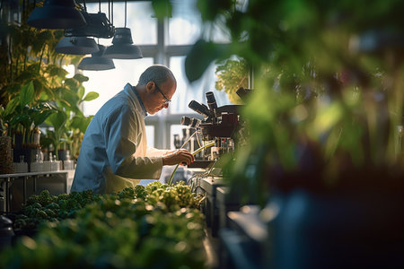 illustration of a scientist conducting a sample microscopy in a greenhouse with Generative AIの素材