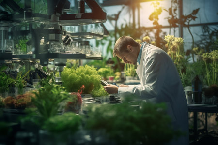illustration of a scientist conducting a sample microscopy in a greenhouse with Generative AIの素材