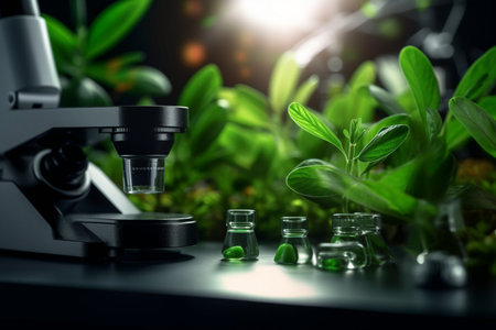 illustration of green plants on a table next to microscope in a lab with Generative AIの素材